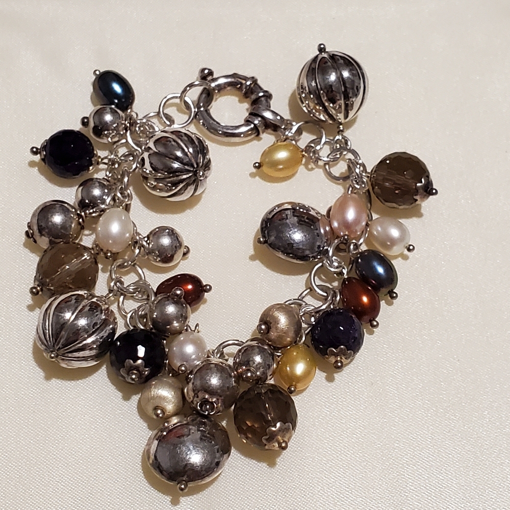 MULTI GEMSTONE,PEARL CHARM, DANGLE BRACELET. 925 STERLING SILVER ITALY